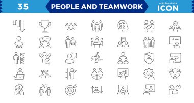 İnsanlar ve takım çalışması simgeleri ayarlandı. İş takım çalışması, takım oluşturma, çalışma grubu ve insan kaynakları, iş ekibi çalışması, insan kaynakları, toplantı, ortaklık, toplantı, çalışma grubu, başarı - hisse senedi vektörü