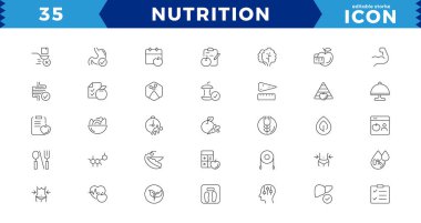 Beslenme ve sağlıklı beslenme ikonu paketi. Dijital seyir beslenme ve sağlıklı beslenme ikonlarını destekleyen ince çizgi simgelerinin toplanması. Sağlıklı gıda ve Detox Diyet Vektörü Simgeleri. Metabolizma gibi simgeler içerir. Basit Taslak simgesi