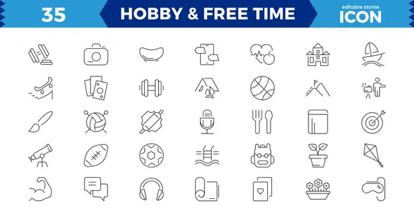 Hobby Thin Line Icons Set Reading Gaming Gardening Photography Cooking — Stock Vector