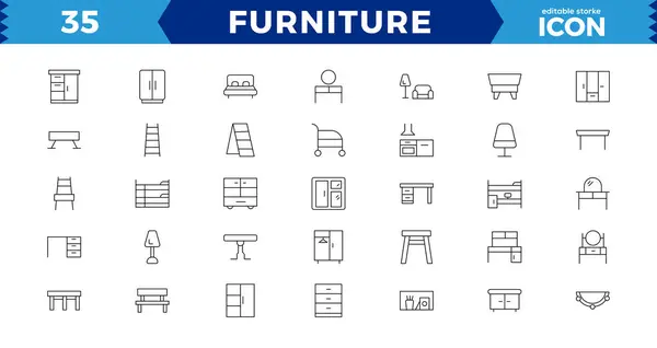 Furniture Icon Set Home Interior Linear Icons Piece Furniture Living — Stock Vector