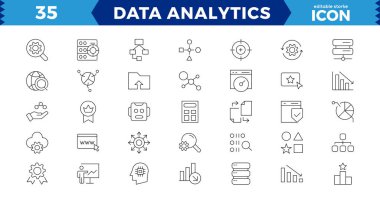 Veri analizi web simgeleri ince çizgi tasarımına ayarlandı. Veritabanı paketi, büyük veri süreci, optimizasyon, yedekleme, çizelge ve diğerleri. Vektör ana hatlı vuruş simgesi tasarımı düzenlenebilir vuruş