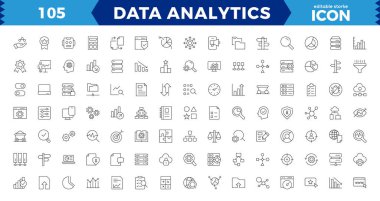 Veri analizi web simgeleri ince çizgi tasarımına ayarlandı. Veritabanı paketi, büyük veri süreci, optimizasyon, yedekleme, çizelge ve diğerleri. Vektör ana hatlı vuruş simgesi tasarımı düzenlenebilir vuruş