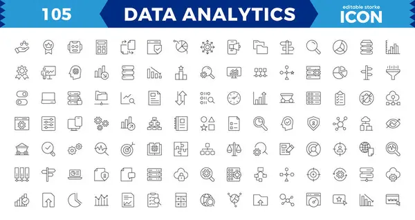 Veri analizi web simgeleri ince çizgi tasarımına ayarlandı. Veritabanı paketi, büyük veri süreci, optimizasyon, yedekleme, çizelge ve diğerleri. Vektör ana hatlı vuruş simgesi tasarımı düzenlenebilir vuruş