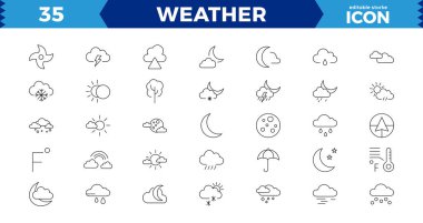 Hava durumu ikonları. Hava durumu ikonu ayarlandı. Bulutların logosu. Hava, bulutlar, güneşli bir gün, ay, kar taneleri, güneş, yağmur, fırtına, çiy, rüzgar, güneş günü. Vektör illüstrasyonu