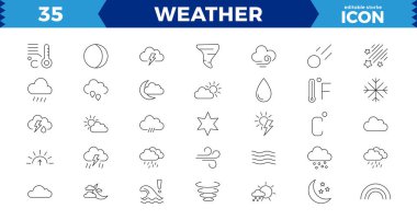 Hava durumu ikonları. Hava durumu ikonu ayarlandı. Bulutların logosu. Hava, bulutlar, güneşli bir gün, ay, kar taneleri, güneş, yağmur, fırtına, çiy, rüzgar, güneş günü. Vektör illüstrasyonu
