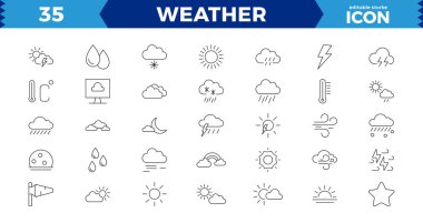Hava durumu ikonları. Hava durumu ikonu ayarlandı. Bulutların logosu. Hava, bulutlar, güneşli bir gün, ay, kar taneleri, güneş, yağmur, fırtına, çiy, rüzgar, güneş günü. Vektör illüstrasyonu