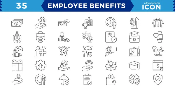 Employee Benefits Line Icon Set 賃金調達 健康と生命保険 有給休暇 社会保障アイコンとより多くの兆候 フラットアイコンコレクション — ストックベクタ