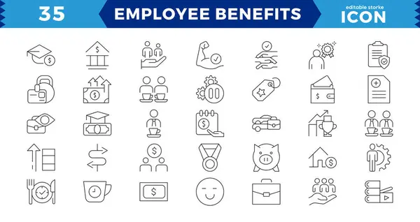 Employee Benefits Line Icon Set 賃金調達 健康と生命保険 有給休暇 社会保障アイコンとより多くの兆候 フラットアイコンコレクション — ストックベクタ
