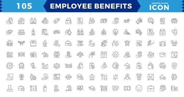 Employee Benefits Line Icon Set Pay Raise Пологовий Відпочинок Охорона — стоковий вектор
