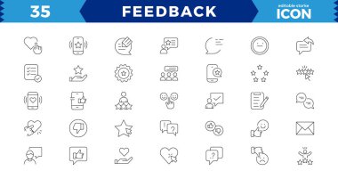 Geri besleme ince çizgi simgeleri ayarlandı. Vektör, Özet Simge Koleksiyonu. İnce Çizgi Seti, Not, Tanıklık, Memnuniyet ve daha fazlası gibi simgeler içerir. Basit ağ simgeleri ayarlandı