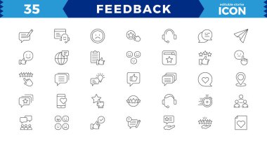 Geri besleme ince çizgi simgeleri ayarlandı. Vektör, Özet Simge Koleksiyonu. İnce Çizgi Seti, Not, Tanıklık, Memnuniyet ve daha fazlası gibi simgeler içerir. Basit ağ simgeleri ayarlandı