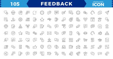 Geri besleme ince çizgi simgeleri ayarlandı. Vektör, Özet Simge Koleksiyonu. İnce Çizgi Seti, Not, Tanıklık, Memnuniyet ve daha fazlası gibi simgeler içerir. Basit ağ simgeleri ayarlandı