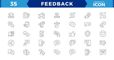 Geri besleme ince çizgi simgeleri ayarlandı. Vektör, Özet Simge Koleksiyonu. İnce Çizgi Seti, Not, Tanıklık, Memnuniyet ve daha fazlası gibi simgeler içerir. Basit ağ simgeleri ayarlandı