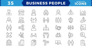  İş adamları pikseli mükemmel ikonlar, taslak ikon koleksiyonu, iş adamı ikon koleksiyonu. Takım çalışması, insan kaynakları, toplantı, ortaklık, Düzenlenebilir Vuruş