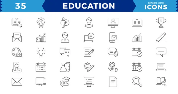 Eğitim Hattı pikseli Mükemmel Simgeler seti. Okul simgelerinin modern ince çizgi stili: okul konuları, malzemeler, bilim ve çevrimiçi öğrenme. Düzenlenebilir beyaz vuruş simgelerinde izole edilmiş