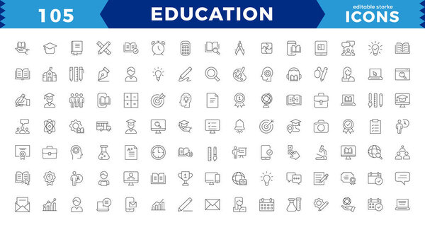 Современный стиль школьного образования: школьные предметы, расходные материалы, наука, онлайн-обучение. Изолированные на белых значках штрихов