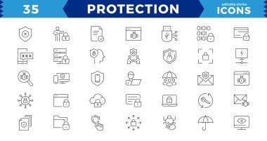 Koruma piksel Mükemmel Satır Düzenlenebilir Simgeleri ayarlandı. İnce çizgi halinde vektör illüstrasyonu siber koruma ile ilgili ikonların modern biçimi: kişisel veri koruması, parolalar, düzenlenebilir vuruş simgeleri