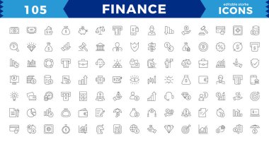 Piksel Mükemmel Finans çizgisi simgeleri ayarlandı. Para ödemeleri öğeleri simge koleksiyonunu özetliyor. Ödeme elementleri sembolleri. Para, para, banka, kripto para, çek, cüzdan, domuzcuk, denge, düzenlenebilir felç