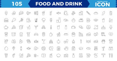 Gıda ve İçecek Hattı Düzenlenebilir Simgeler ayarlandı. İnce çizgi biçiminde mükemmel beslenme ikonları: sebzeler, meyveler, tatlılar, etler, fırınlanmış yiyecekler, içecekler ve daha fazlası. Beyazda izole edilmiş
