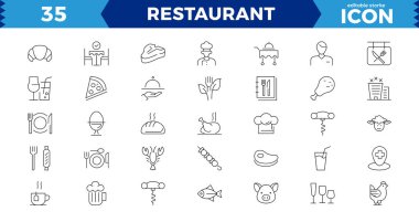 Restoran vektör çizgisi simgeleri ayarlandı. Yemek ikonu koleksiyonu. Restoran menüsü için ince tabelalar. Piksel mükemmel. Düzenlenebilir Vuruşlar, Taslak simgeleri koleksiyonu. Basit vektör illüstrasyonu