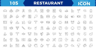 Restoran vektör çizgisi simgeleri ayarlandı. Yemek ikonu koleksiyonu. Restoran menüsü için ince tabelalar. Piksel mükemmel. Düzenlenebilir Vuruşlar, Taslak simgeleri koleksiyonu. Basit vektör illüstrasyonu