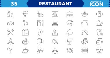 Restoran vektör çizgisi simgeleri ayarlandı. Yemek ikonu koleksiyonu. Restoran menüsü için ince tabelalar. Piksel mükemmel. Düzenlenebilir Vuruşlar, Taslak simgeleri koleksiyonu. Basit vektör illüstrasyonu