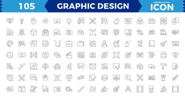 Grafik tasarımının ince çizgi simgelerinin mükemmel pikseli. Modern bir düzlükte basit doğrusal simgeler, Yaratıcı Süreç. Grafik tasarımı, yaratıcı paket, sabit, yazılım ve düzenlenebilir vuruş
