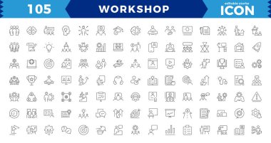 Atölye web simgesi seti. Takım oluşturma, işbirliği, takım çalışması, koçluk, ortaklık, hedefler, problem çözme ve eğitimi içeren, Sunum, Yönetim, düzenlenebilir vuruş ana hatları simgesi içeren atölye ana hatları simgeleri