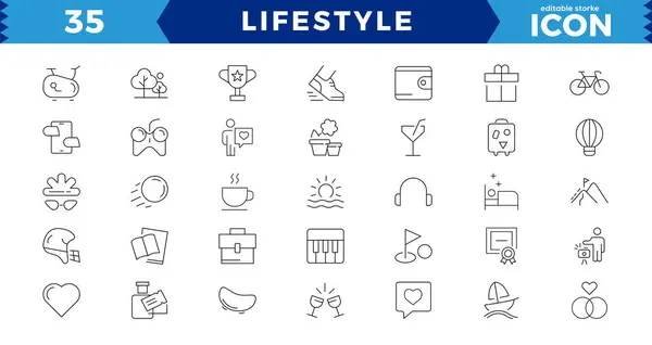 Piksel Mükemmel Yaşam Tarzı Web simgesi satır biçiminde ayarlandı. Sağlık hizmeti, sağlıklı yaşam tarzı, sağlık, diyet, sağlıklı yiyecekler, egzersiz, uyku, koleksiyon. Vektör illüstrasyonu. Düzenlenebilir felç