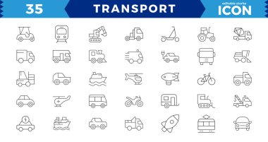 İnce çizgi simgeleri ayarlandı. Araç simgeleri. Ulaşım düzenlenebilir vuruş simgeleri koleksiyonu: taksi, tren, helikopter, otobüs, uçak, helikopter sembolü. Düzenlenebilir vuruş tipleri.