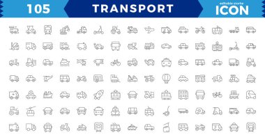 İnce çizgi simgeleri ayarlandı. Araç simgeleri. Ulaşım düzenlenebilir vuruş simgeleri koleksiyonu: taksi, tren, helikopter, otobüs, uçak, helikopter sembolü. Düzenlenebilir vuruş tipleri.
