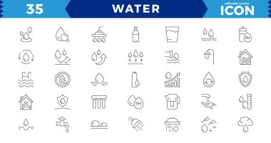 Su doğrusal ikon koleksiyonu gerçek emlak. Ana hatlı su ikonları. Minimalist ince doğrusal ağ simgesi seti. Su, maden suyu, düşük ve yüksek gelgit, duş, plastik şişe ve cam. Düzenlenebilir vuruş