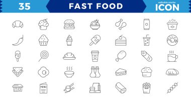 Fast food düz çizgi simgeleri ayarlandı. Burger, karışık öğle yemeği, patates kızartması, sosisli sandviç, hamburger, donut, patates kızartması, sosisli sandviç, kebap, pizza, dondurma, pizza vektör çizimleri. Düzenlenebilir Vuruşlar, Piksel Mükemmel Meksika