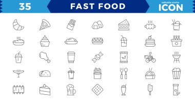 Fast food düz çizgi simgeleri ayarlandı. Burger, karışık öğle yemeği, patates kızartması, sosisli sandviç, hamburger, donut, patates kızartması, sosisli sandviç, kebap, pizza, dondurma, pizza vektör çizimleri. Düzenlenebilir Vuruşlar, Piksel Mükemmel Meksika