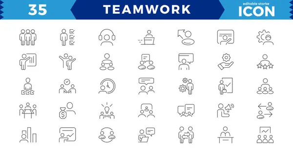 Takım çalışması, takım çalışması simgeleri ayarlandı. İş adamı ikon koleksiyonunu özetliyor. Çalışma grubu ve insan kaynakları. Takım oluşturma, çalışma grubu ve insan kaynakları en az ince çizgi web simgesi seti. Taslak simge koleksiyonu. Basit vektör illüstrasyonu