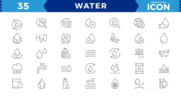 stock vector water linear icon collection real estate.Set of outline water icons. Minimalist thin linear web icon set.  Drop Water, Mineral Water, Low and High Tide, Shower, Plastic Bottle and Glass. Editable stroke