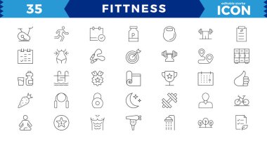 Fittness Vector İnce Hat Simgesi Web Seti. Spor salonu ve form çizgisi simgeleri ayarlandı. Sağlıklı Yaşam Tarzı, Ağırlık Eğitimi, Vücut Bakımı ve daha fazlası gibi ikonlar içerir. Taslak simge koleksiyonu. Basit vektör illüstrasyonu