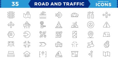 Piksel Mükemmel Yol ve trafik çizgisi simgeleri koleksiyonu. Sokak, ulaşım, yol tarifi, park güzergahı, GPS, sürücü, yaya geçidi, UI simgesi seti. İnce bir taslak. Yön yönü ok işareti. Yol işaretleri. Taslak simge koleksiyonu