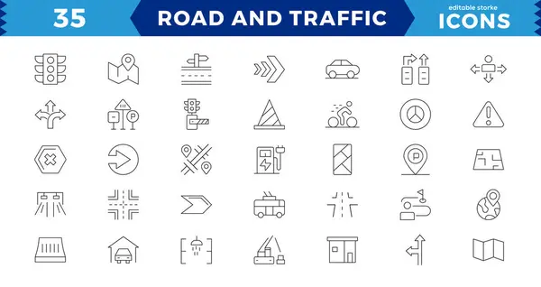 Piksel Mükemmel Yol ve trafik çizgisi simgeleri koleksiyonu. Sokak, ulaşım, yol tarifi, park güzergahı, GPS, sürücü, yaya geçidi, UI simgesi seti. İnce bir taslak. Yön yönü ok işareti. Yol işaretleri. Taslak simge koleksiyonu