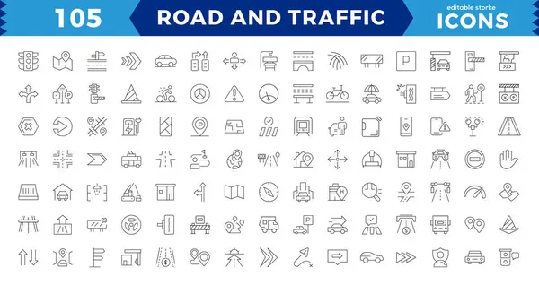 Piksel Mükemmel Yol ve trafik çizgisi simgeleri koleksiyonu. Sokak, ulaşım, yol tarifi, park güzergahı, GPS, sürücü, yaya geçidi, UI simgesi seti. İnce bir taslak. Yön yönü ok işareti. Yol işaretleri. Taslak simge koleksiyonu
