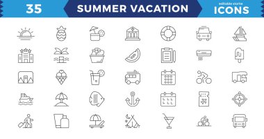 Piksel Mükemmel Yaz Tatili Düzenleme Simgeleri seti. Seyahatle ilgili ikonların modern ince çizgi tarzında vektör illüstrasyonu: deniz, sörf, sahil, otel ve daha fazlası.