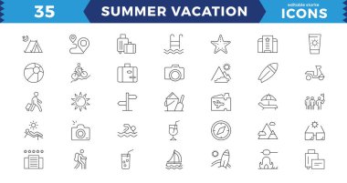 Piksel Mükemmel Yaz Tatili Düzenleme Simgeleri seti. Seyahatle ilgili ikonların modern ince çizgi tarzında vektör illüstrasyonu: deniz, sörf, sahil, otel ve daha fazlası.