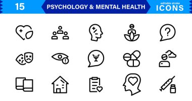 Mental Health & Psychology Icon Set, Professional Illustrations for Therapy, Wellness, and Emotional Awareness Projects. clipart