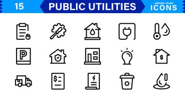 Kamu Hizmetleri Simgesi Paketi, Su, Elektrik, Atık Yönetim ve Kamu Hizmetleri için Modern, Ölçeklenebilir Satır Sanatı.