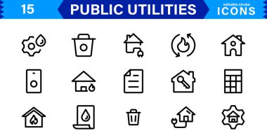 Kamu Hizmetleri Simgesi Paketi, Su, Elektrik, Atık Yönetim ve Kamu Hizmetleri için Modern, Ölçeklenebilir Satır Sanatı.