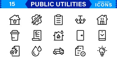 Kamu Hizmetleri Simgesi Paketi, Su, Elektrik, Atık Yönetim ve Kamu Hizmetleri için Modern, Ölçeklenebilir Satır Sanatı.