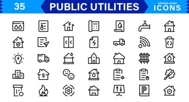 Public Utilities Icon Pack, Modern, Scalable Line Art for Water, Electricity, Waste Management & Public Services. clipart