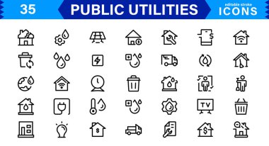 Kamu Hizmetleri Simgesi Paketi, Su, Elektrik, Atık Yönetim ve Kamu Hizmetleri için Modern, Ölçeklenebilir Satır Sanatı.