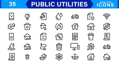 Public Utilities Icon Pack, Modern, Scalable Line Art for Water, Electricity, Waste Management & Public Services. clipart