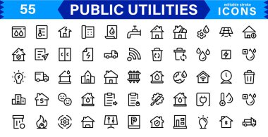 Kamu Hizmetleri Simgesi Paketi, Su, Elektrik, Atık Yönetim ve Kamu Hizmetleri için Modern, Ölçeklenebilir Satır Sanatı.